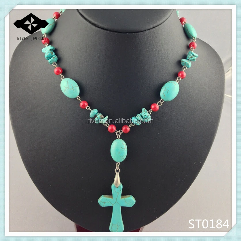 ST0184 Personal Stone Necklace With Big Turquoise Cross Pendant Christmans Gift Love Jesus Necklace.jpg