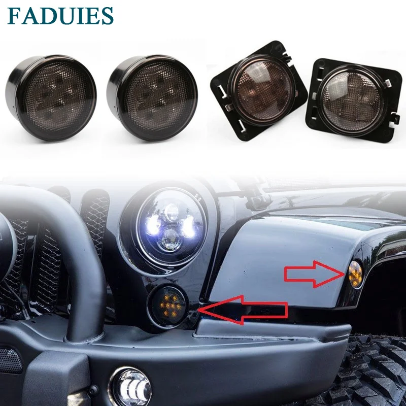 FADUIES Smoke Lens Amber LED Front Turn Signal Light + Fender Side Marker Parking Lamp For 2007-2015 Jeep Wrangler JK  (9)
