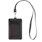 Black Leather Badge Holder with Lanyard, 2-Sided Vertical Genuine Leather ID Card Holder with 1 ID Window, 2 Card Slots