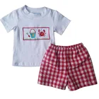 Stylish Newborn Baby Boy Spring Crab Applique Clothing Suit Wholesale Knit Cotton Infant Boy Clothes Boutique Outfits