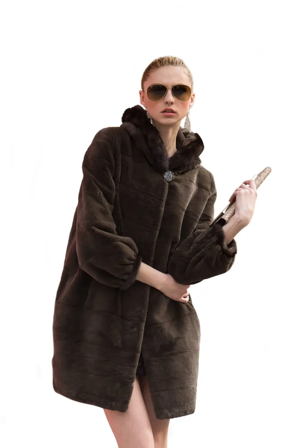 Women's Rex Rabbit Fur Coats Jackets with Cap Mink Fur Collar Brown