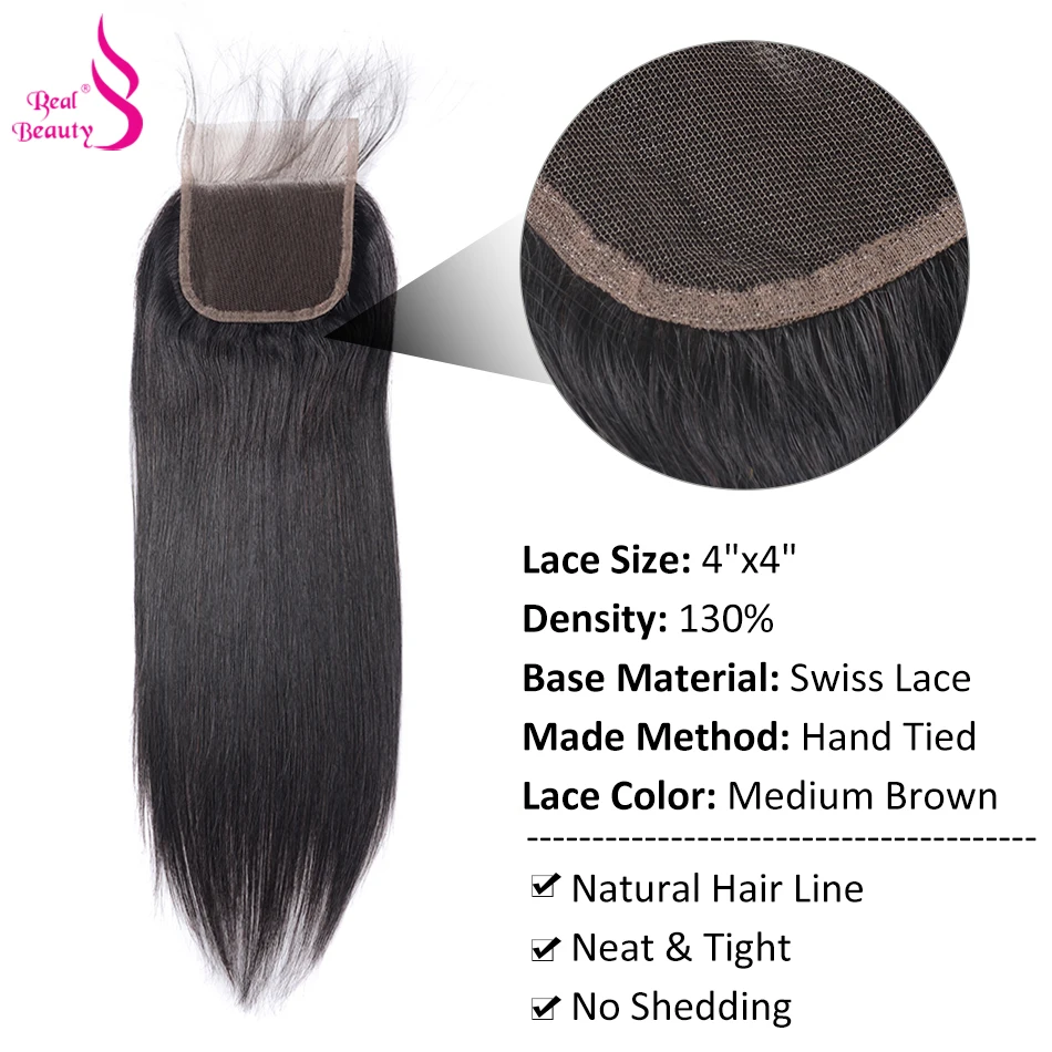 Real Beauty Brazilian Straight Hair 3 Bundles With Lace Closure Free Part With Baby Hair Non Remy Human Hair Bundles Free Ship (224)
