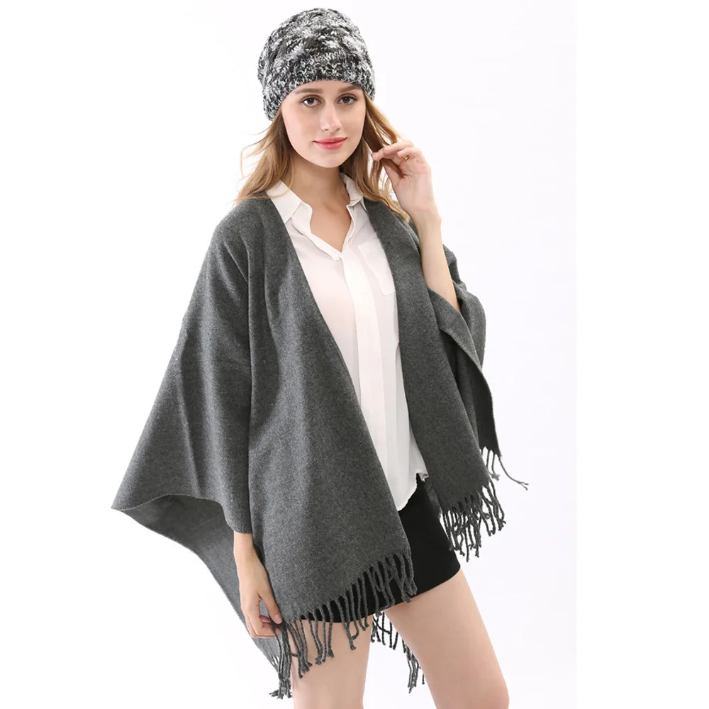 2015 Fashion Fall Winter Ladies Pashmina Wrap With Tassels Soft Warm Large Size Desigual Women Gray Blanket Poncho 150*120cm