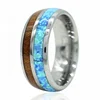Men's Haft Koa Wood and Blue Opal Inlay Diamond Tungsten Carbide Wedding Ring for Men