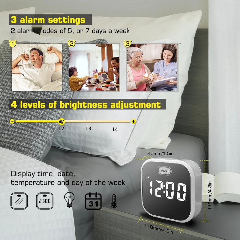 Touch control 5V rechargeable Small size alarm 12/24 hours easy to set kitchen private label led digital mirror wall alarm clock