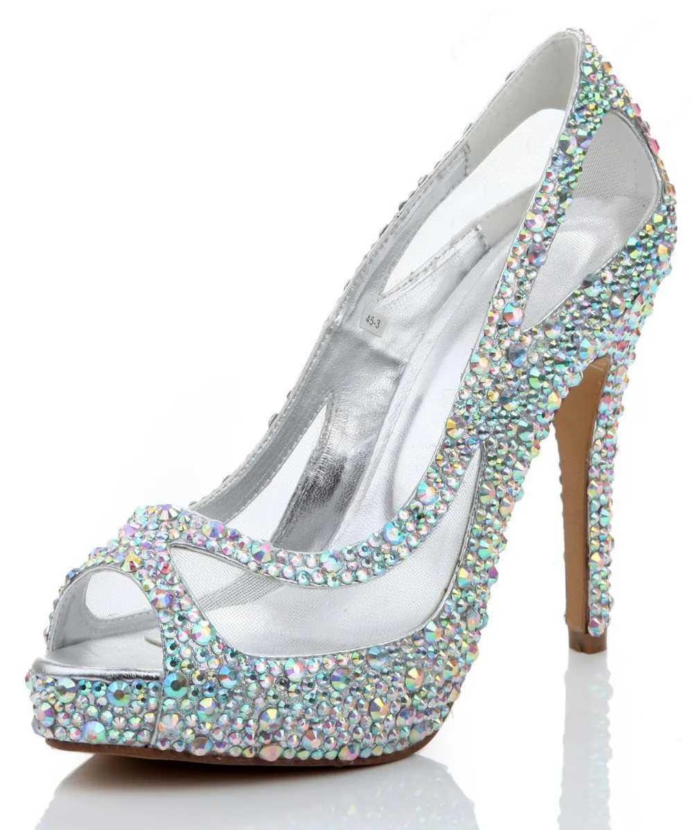 Shining rhinestone peep toe mesh platform high heel pumps bling bling crystal stiletto heel wedding shoes free shipping