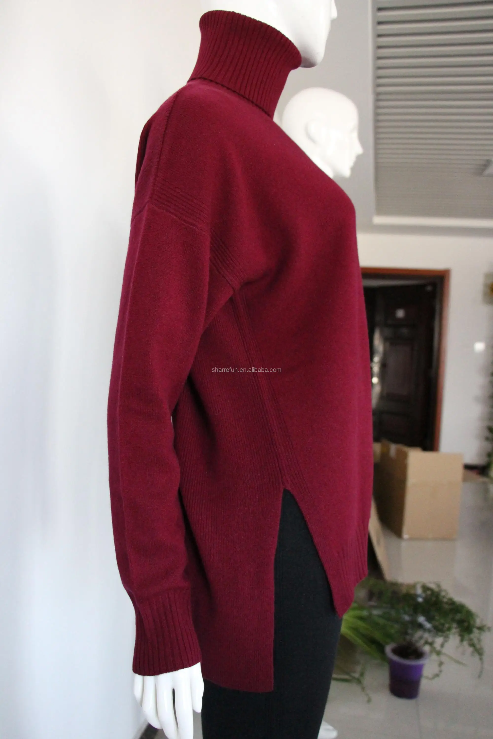 red color folded turtleneck pullover oversized cashmere sweater