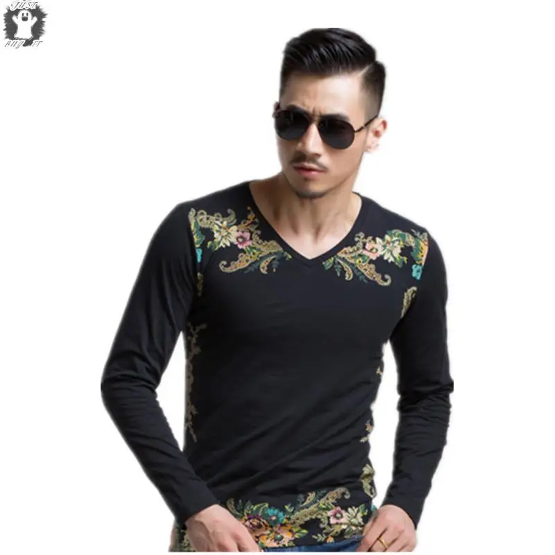 Cotton Top Summer style T Shirts For Men Flower pattern O-Neck Long Sleeve Mens Tee Shirts Casual Cool T Shirts Men Clothes