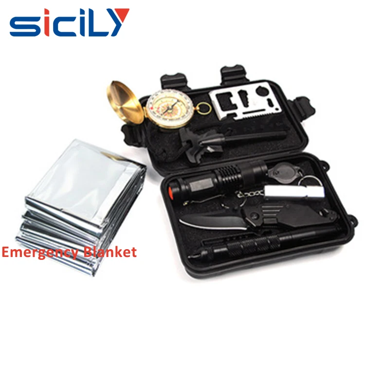 10 in 1 Emergency Gear Items Outdoor Camping Equipment: Survival Paracord Bracelet, First Aid Kit, Survival Kit