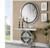 Telite Modern Black Grey Crystal Diamond Mirrored Console Table with Round Wall Mirror Furniture