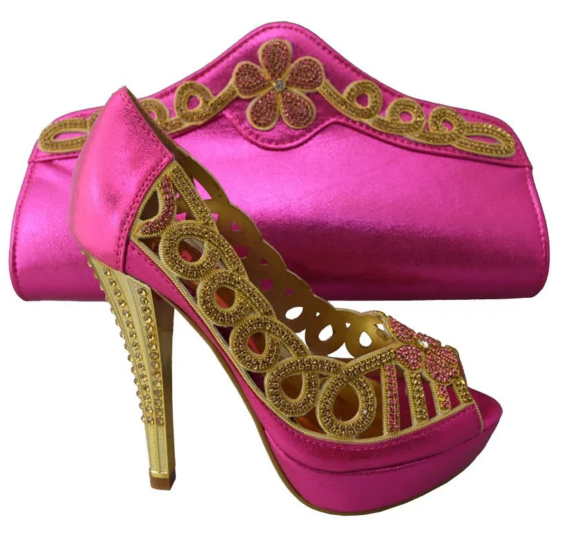 Fashion Woman Matching Shoes And Bag Set Italian Design For Party High Quality Shoes And Bags Set for Wedding in fushia pink