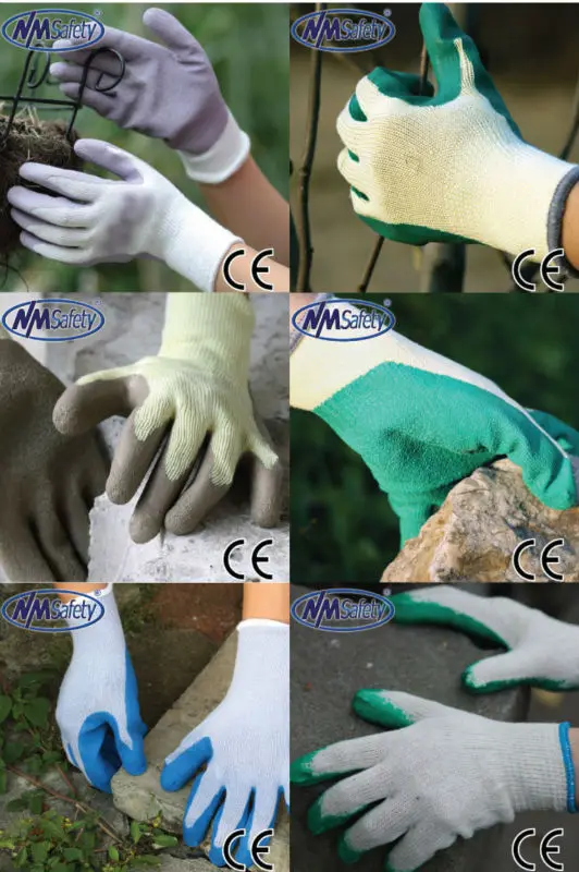 NMSAFETY 13 gauge green polyester liner gloves coated green foam latex gloves garden gloves