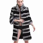 2019 Yiwu New Design 1 Color In Style Big Stripe Mandarin Collar Ladies Warm Real Rex Rabbit Fur Coat