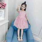 Trimming o-neck princess lace fringed simple babi girl prom dresses for child