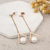 Korean Unique 18k Gold Rose Gold Long Chain Link Pearl Dangle Drop Earrings Jewelry