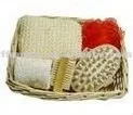 spa bath gift set and accessories in rattan basket