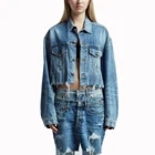 classic trucker Jacket Women's Indigo Frayed Hem Cropped Denim Jackets JK014A