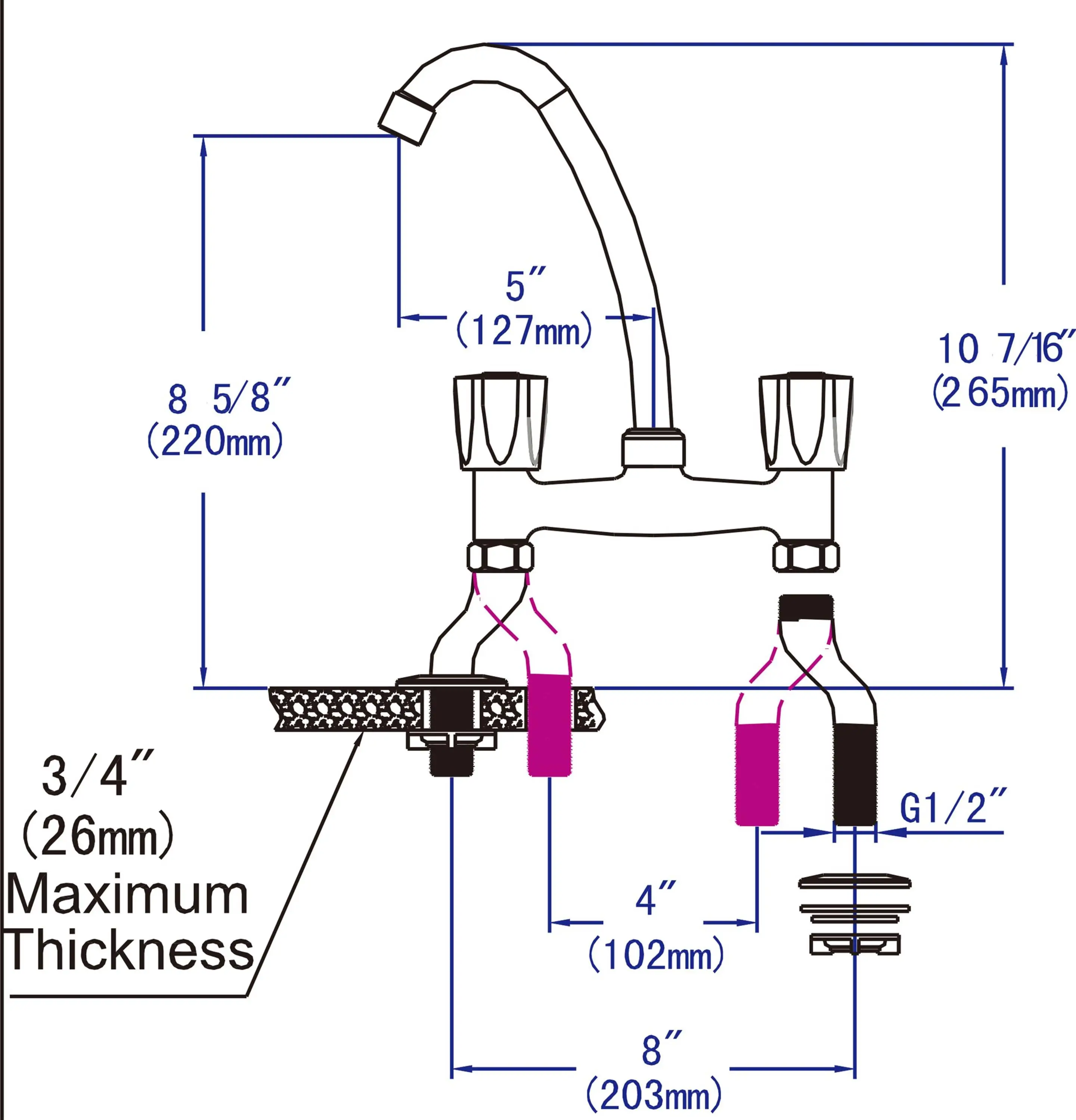 Dual Handle Deck Mounted Standard Copper High Arc Kitchen Sink Faucet