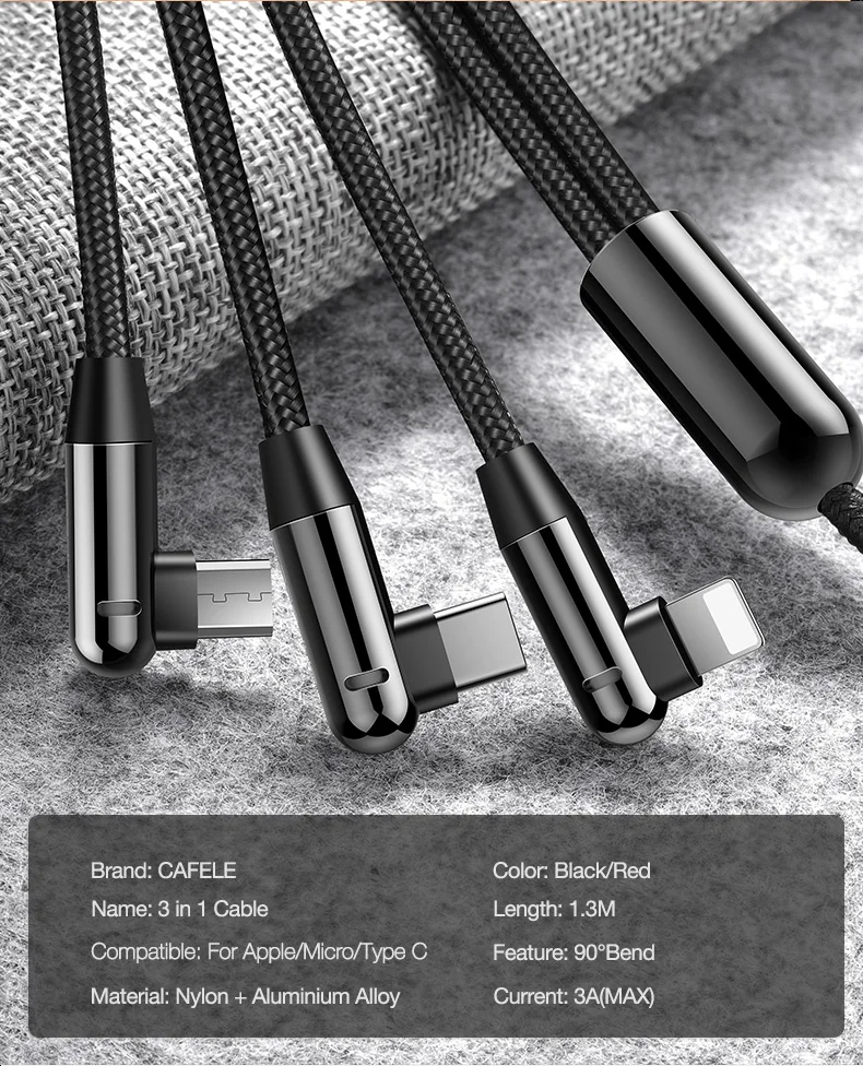 Cable Charger Fast Charging 90 Degree Shape With LED Light 3 in 1 Usb Cable For Iphone - ANKUX.COM
