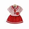 Hot Sale Red Striped Girls Birthday Clothes Summer Short Sleeve Top Ruffle Skirt Fashion Kids Clothing