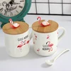 Alibaba hot selling pink Flamingos design white ceramic cup with lid and spoon