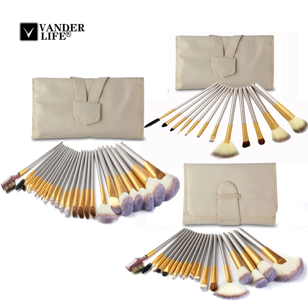 Luxury Professional 121824pcs Makeup Brushes Set Cosmetic Foundation Eyeshadow Blush Kits + Leather Bag maquiagem Champagne (2)