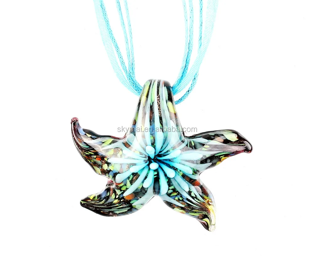 Wholesale 6 colors necklaces handmade Murano Lampwork Glass Mixed Colorful Exquisite Starfish Pendants Charms Cord Necklaces HOT