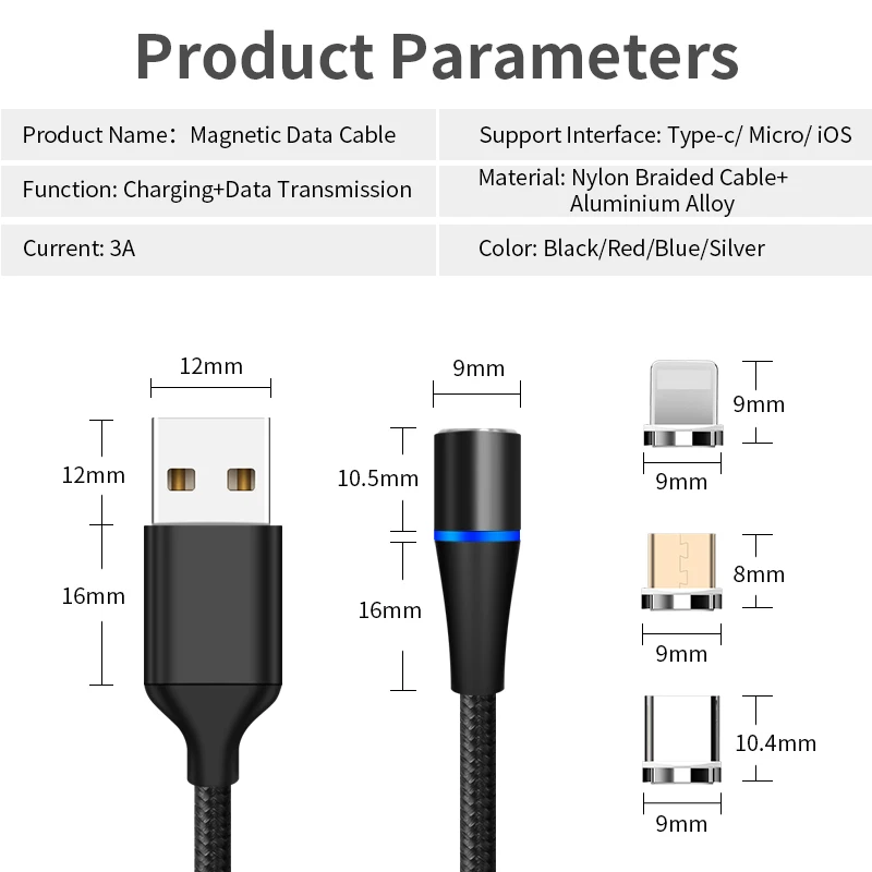 Magnetic USB Cable 3A Fast Charging Micro Type C Lighting Charger Data Cabo For iPhone xr 8 plus Samsung xiaomi Android - ANKUX.COM