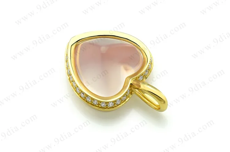 New Design Wholesale 10K Gold Rose Quartz Heart Crystal Pendant With Diamond