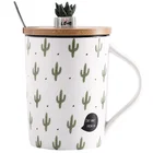 cactus potted plant cartoon ceramic mug with spoon bamboo lid for kids house office breakfast