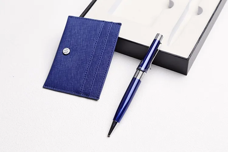 metal elegant pen gift set with genuine leather card holder for