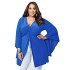 Plus size women's sexy deep V pleated top ladies trumpet long sleeve blouse