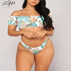 Famale off shoulder shirred swimwear custom label girls printed string bandeau bikini women bikini