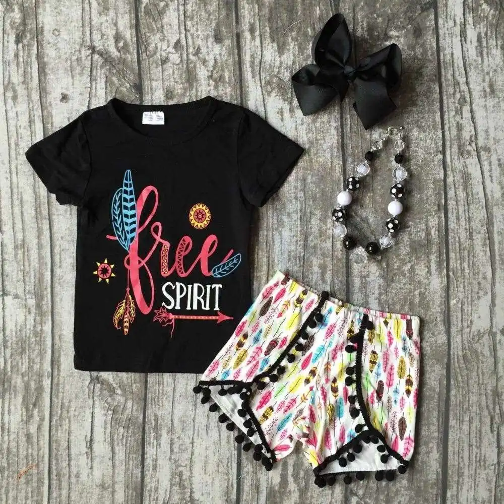 baby Girls Summer clothes girls children spirit girl outfits kids arrow outfits black top with feather shorts with accessories