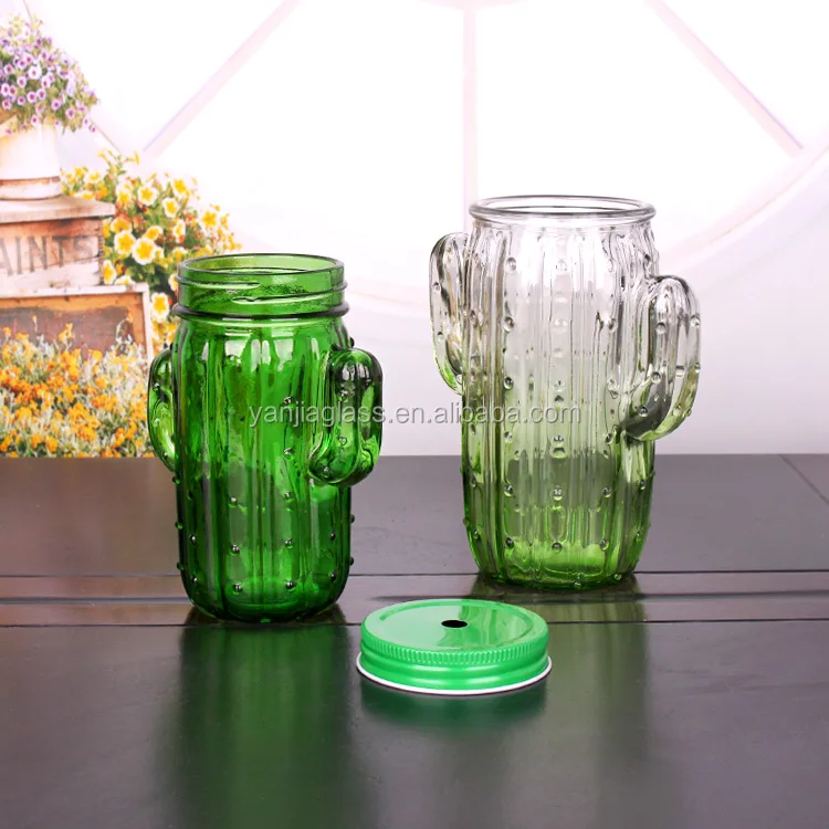 Fancy recycled glass 430ml 650ml cactus shaped beverage glass cup with screw metal lid