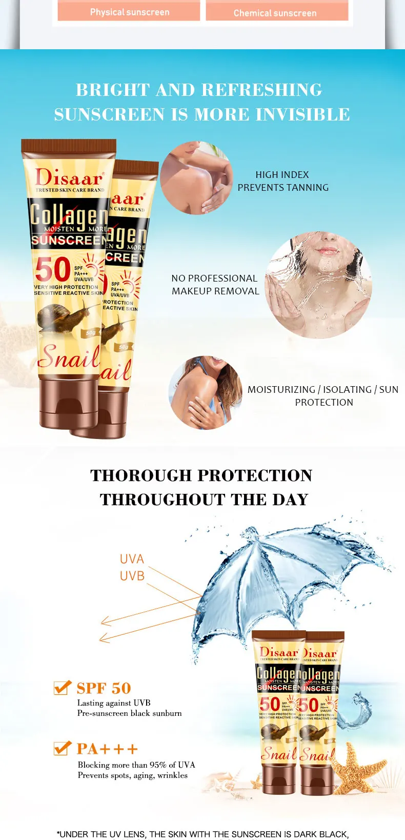 Disaar Collagen And Snail Sunblock Spf50 Organic Sunscreen Cream For