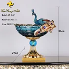 Home decorative resin peacock crafts blue glass bowl with resin stand