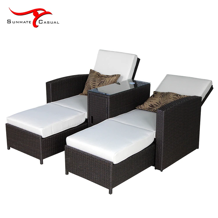 Leisure 2 Seat Multi-purpose Outdoor Garden Furniture Rattan Wicker Folding Reclining Sofa Bed with Umbrella