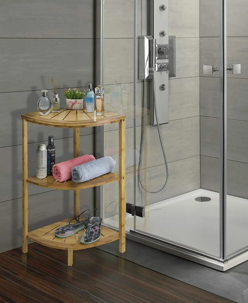 Freestanding 3-Tier Bamboo Corner Shower Shelf Caddyfor Shower, Kitchen, Hall