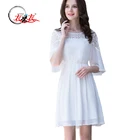 new summer ladies short sleeve embroidered white lace with chiffon slim fit women dress