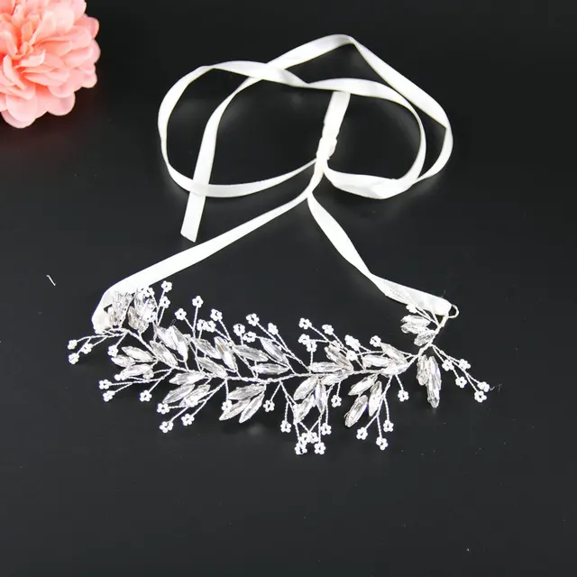 Glass Leaves Shape Flowers with White Ribbon Band Metal Wedding Bridal Headpiece Hair Jewelry Accessories