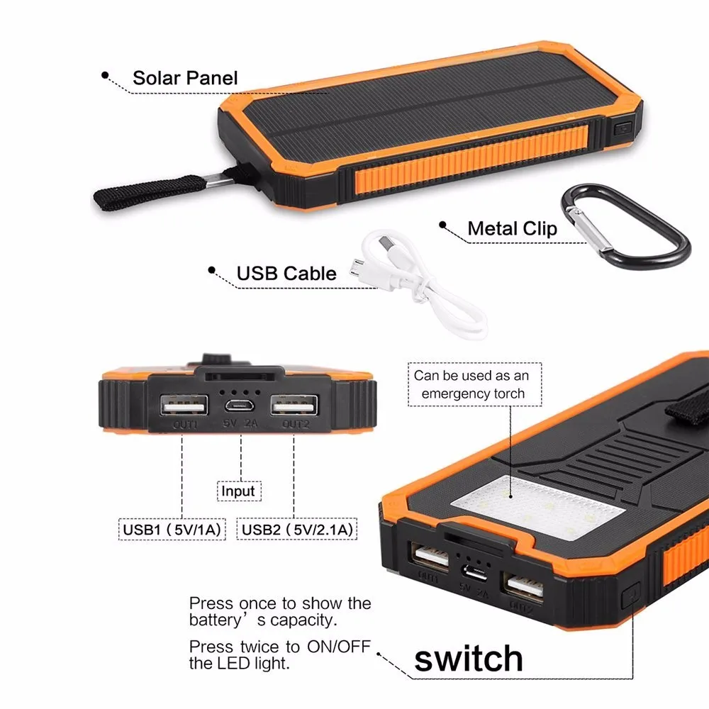 Waterproof Solar Charger Mobile Power Bank 10000mAh - ANKUX.COM