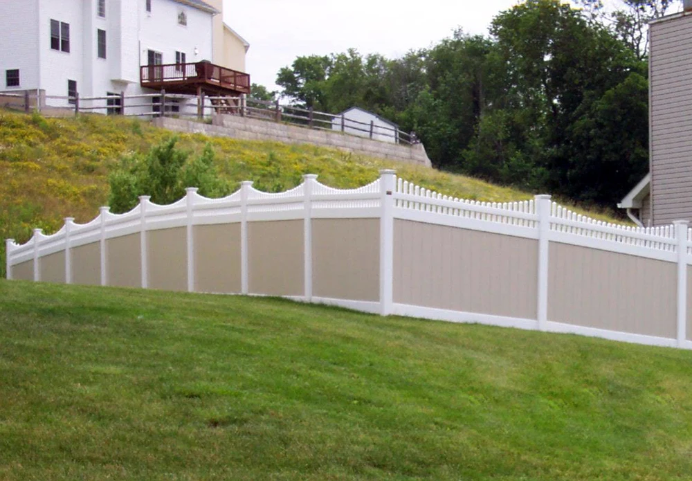Beige Privacy Pvc Fence Panels And White Scalloped Picket Top Buy Pvc