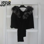 Fashion Top Quality Women Genuine Silver Fox Fur Collar Wool Knitted Black Fur Shawl