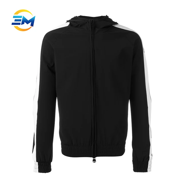 Original design custom printed logo black track hoodie jacket with white stripe sleeve