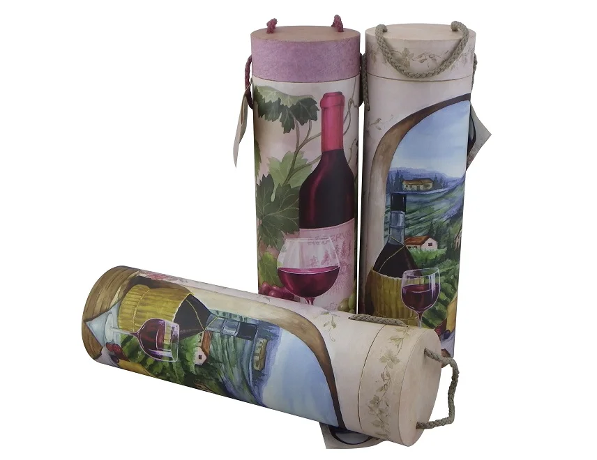 red wine bottle tube round packaging gift box with rope handle