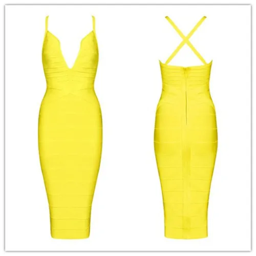 Sexy Deep V-Neck evening party woman dress summer mid-calf candy dress solid color yellow, khaki, red, black bandage dresses HL