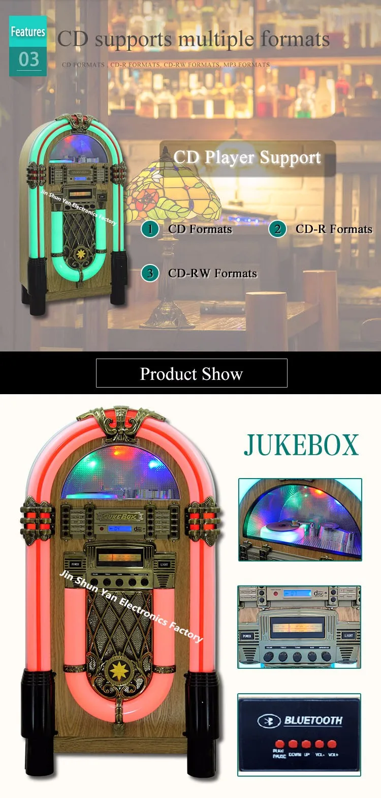 Full Size Retro Jukebox Original Wood Color with CD Player, bluetooth,Radio,AUX-in function