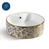 Above counter sanitary wares round shape electroplating golden pattern ceramic wash basin