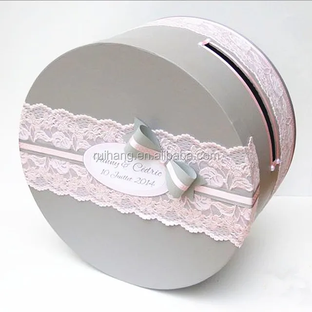 elegant & luxurious gray round gift box with pink lace & ribbon